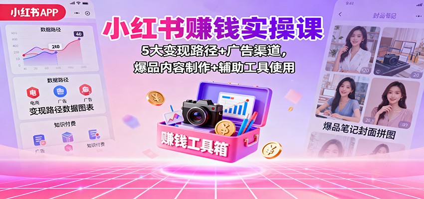 小红书赚钱实操课：5大变现路径+广告渠道，爆品内容制作+辅助工具使用