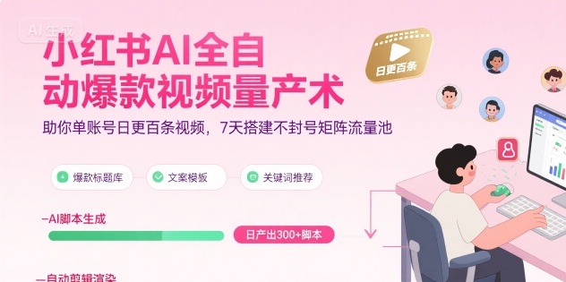 小红书AI全自动爆款视频量产术，助你单账号日更百条视频，7天搭建不封号矩阵流量池(更新9月)
